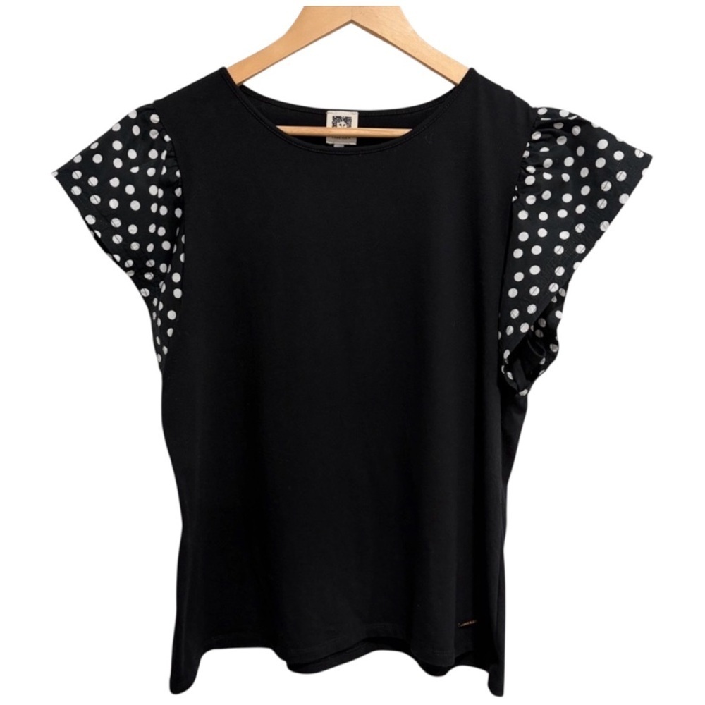 Anne Klein Black and Polka Dot Flutter Sleeve Women’s Top Large Cotton Blend